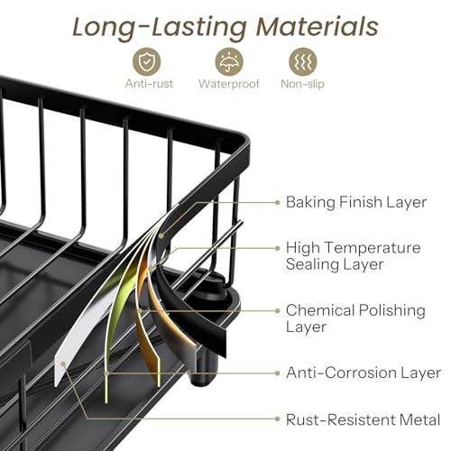 SNTD Dish Drying Rack - Space-Saving Dish Rack for Kitchen Counter, Stainless Steel Dish Drainer with Utensil Holder and Drainboard, 11" W x 15" L (Black) - color: Black, size: 11" W x 15" L