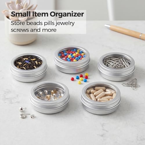 2 oz (60ml) Silver Aluminum Tins with Clear Lids and Labels, 24 Pack | Clear View Lid, Secure Packaging, Tight Screw Lids, Includes Blank Labels, 11 Color Options - color: Silver