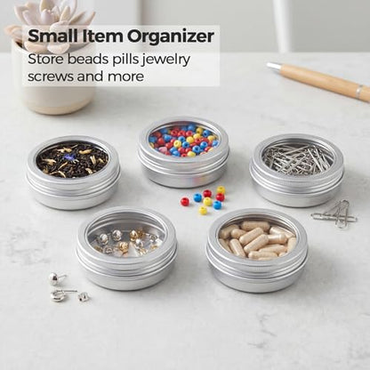 2 oz (60ml) Silver Aluminum Tins with Clear Lids and Labels, 24 Pack | Clear View Lid, Secure Packaging, Tight Screw Lids, Includes Blank Labels, 11 Color Options - color: Silver