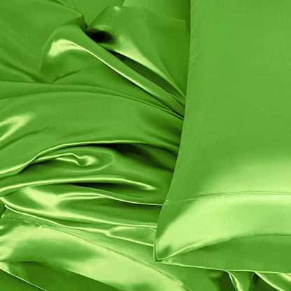 Homiest 3pcs Satin Sheets Set Luxury Silky Satin Bedding Set with Deep Pocket, 1 Fitted Sheet + 1 Flat Sheet + 1 Pillowcases (Twin Size, Lime Green) - color: Lime Green, size: Deep pocket - Twin size