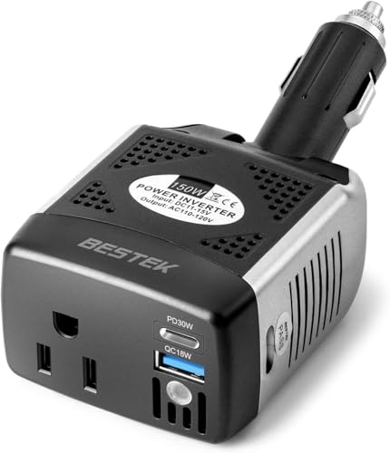 BESTEK 150W Power Inverter, DC 12V to AC 110V Voltage Converter PD 30W QC 18W Dual Charging Ports, Car Charger Power Adapter with Rotatable Plug & Safety Protection for Road Trip, Camping, Laptop - color: black silver