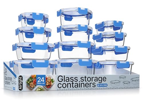 Bakken Borosilicate Glass Food Storage Containers with Lids 24 Pieces, BPA-Free Stackable Lunch & Leftover Containers, Microwave, Freezer & Dishwasher Safe, 100% Airtight Leak-Proof, Blue - color: Blue