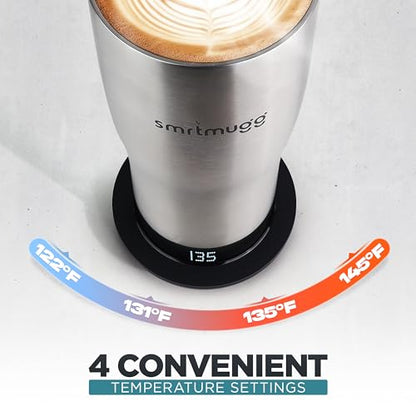 SmrtMugg X Heated Coffee Mug 19 oz., 8 Hour Battery Life, Self-Heating, Adjustable Temp Controlled, LCD Screen, Includes Cover with Magnetic Slider (Black) (Stainless Steel) - color: Stainless Steel