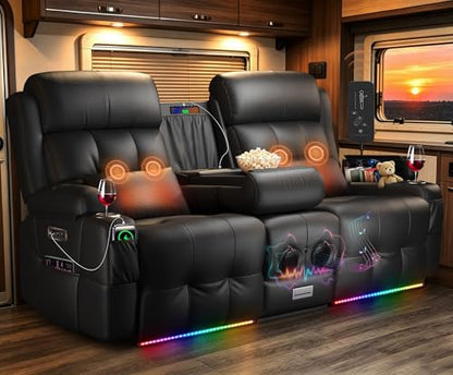 Power RV Loveseat Recliner Sofa, Reclining Loveseats Couch for RV Furniture, Home Theater Seating with Heat Massage, Flip Backrest, USB, Cup Holders, 150° Wall Hugger RV Recliners Sleeper Sofas - color: Flip Back Black, size: Loveseat-G1-Power