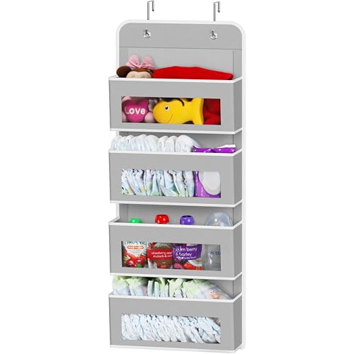 Simple Houseware 4 Clear Window Pocket Over Closet Door Storage Hanging Organizer for Bedroom, Bathroom, Pantry, Gray - color: Gray, size: 4 Pockets