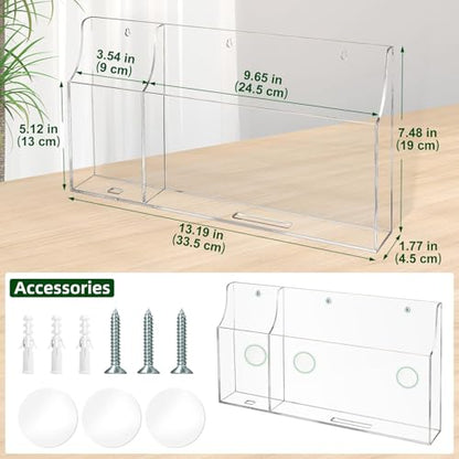 VANCORE Clear Wall Mounted Phone Holder Acrylic Remote Control Holder Media Organizer Caddy with Holes for Charging Phone Tablet Holder (Two Compartments)