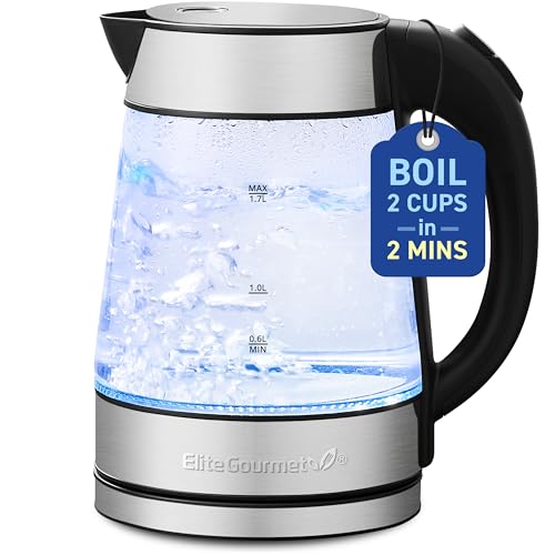 Elite Gourmet EKT-602 Electric BPA-Free Glass Kettle, Cordless 360° Base, Stylish Blue LED Interior, Handy Auto Shut-Off Function – Quickly Boil Water For Tea & More - color: Stainless Steel/Glass