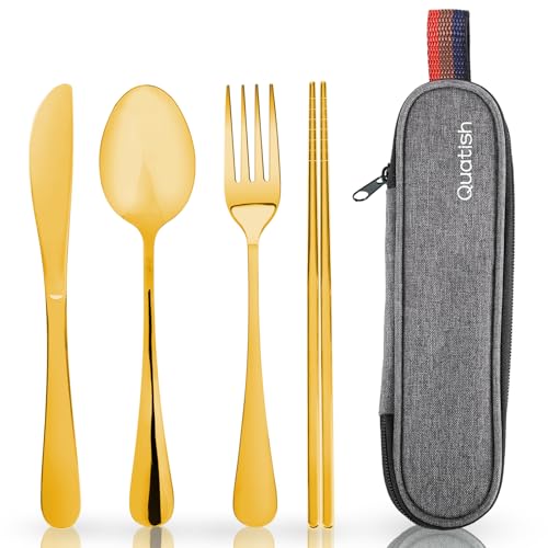 Travel Utensils with Case, Quatish Portable Silverware Set for Work, Stainless Steel Reusable Travel Cutlery, Fork and Spoon Set for Camping, Picnic, Gadgets, Lunch Box for Men, Christmas Gift, Gold - color: Gold