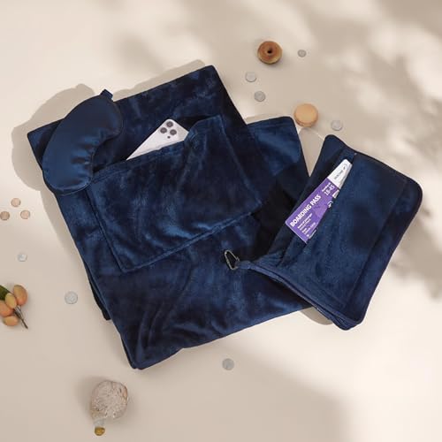 Bedsure Travel Blanket Airplane Compact with Storage Bag, Packable Blanket with Eye Mask, Lightweight 2-in-1 Travel Essentials, Functioned as Pillow for Airplane Comfort and Warmth, Navy - color: Navy