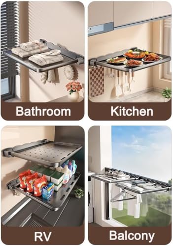 Folding Bathroom Wall Shelf, 6-Shelf Modern Aluminum Foldable Shelf, 15.7"L x 12.4"W x 4"H, Wall Mounted, For Bathroom, Kitchen, RV, Camper, Balcony