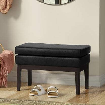 SIMPLIHOME Carlson Small Ottoman Bench - 27 inch Wide Upholstered Woven Fabric Rectangle Ottoman in Distressed Black, Mid Century Modern Bench for Bedroom or Living Room with Padded Seat - color: Distressed Black, style: Small Ottoman Bench