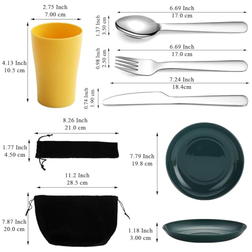 Evanda Camping Cutlery Set, Reusable Light Weight Mug, Plate and Stainless Steel Cutlery Set with Black Bag, Dishwasher Safe - color: 2.2 Person