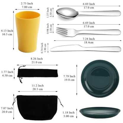 Evanda Camping Cutlery Set, Reusable Light Weight Mug, Plate and Stainless Steel Cutlery Set with Black Bag, Dishwasher Safe - color: 2.2 Person