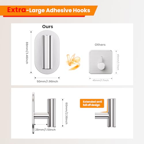 Aikzik Silver Adhesive Hooks Heavy Duty, Wall Hooks for Shower, Bathroom, Towel, Coat, Robe, Stainless Steel Hooks for Hanging, Waterproof & Rustproof Sticky Hooks for Walls No Damage- 2 Pack - color: Silver