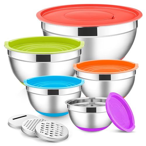 E-far Stainless Steel Mixing Bowls with Lids Set, 5-Piece Nesting Salad Bowls with 3 Grater Attachments and Non-Slip Bottoms, Size 4.6, 2.6, 2, 1.5, 1QT for Kitchen (Colorful) - color: Colorful, size: 5 Regular Sizes