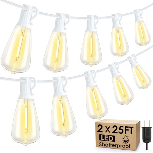 Larkvue 50FT(2x25FT) Outdoor String Lights, Patio Lights with 20+2 LED Dimmable Waterproof ST38 Vintage Bulbs for Wedding Garden Party Decor, White - color: White, size: 50FT