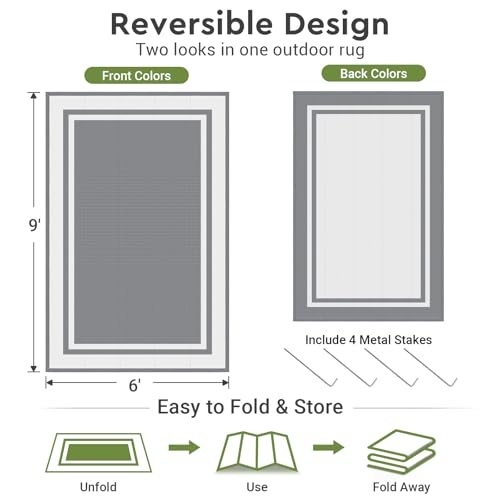Mattitude Outdoor Rug Reversible Portable Plastic Straw Camping Rugs for Outside RV,Large Waterproof Outdoor Area Rugs for Patio,Deck,Porch,Balcony(6'x 9',White&Gray) - size: 6' x 9' (Rectangular)