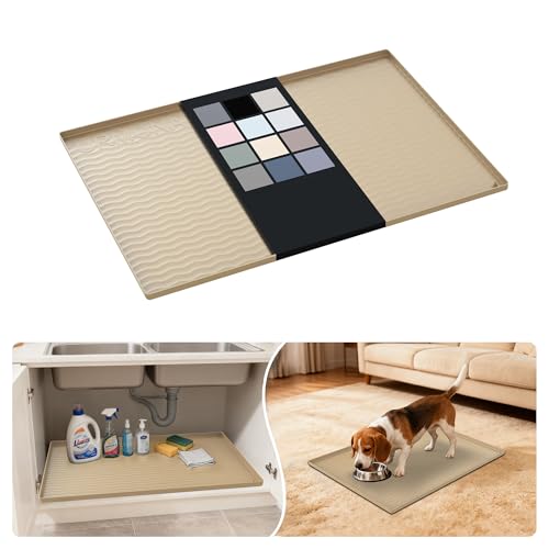 URMONA Waterproof Silicone Under Sink Mat 28'' x 22'' Shelf Liner for Kitchen and Bathroom, Cabinet and Counter Protector, Storage and Organizers, Litter Mat, Pet Cat Puppy Essentials(Khaki) - color: Khaki, size: 22"W x 28"L