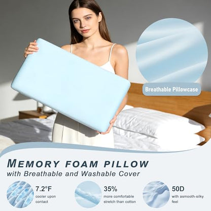 Blue Memory Foam Pillows Bed Pillows with Cooling Removable Cover, Neck Support for Back Stomach Side Sleepers, 1 Pack