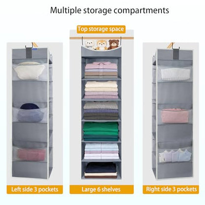 6-Shelf Hanging Closet Organizer and Storage with 6 Side Pockets, Collapsible Closet Hanging Shelves for Storage, Grey - size: 6-shelf