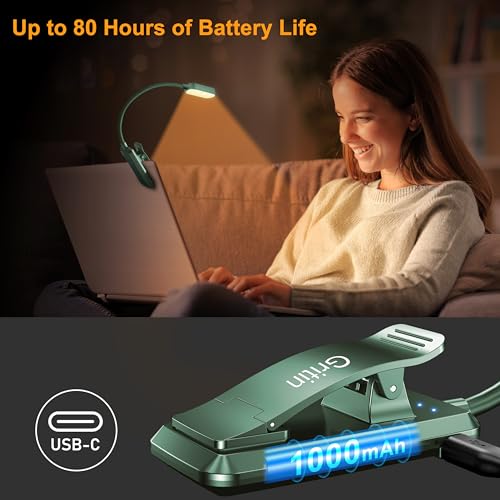 Gritin 16 LED Rechargeable Book Light for Reading in Bed- Eye Caring 3 Color Temperatures, Stepless Dimming Brightness, 80 Hrs Runtime, Lightweight Flexible Clip on Light for Book Lovers-Green | Eye Caring 3 Color Temperatures, Stepless Dimming Brightness