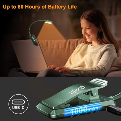 Gritin 16 LED Rechargeable Book Light for Reading in Bed- Eye Caring 3 Color Temperatures, Stepless Dimming Brightness, 80 Hrs Runtime, Lightweight Flexible Clip on Light for Book Lovers-Green | Eye Caring 3 Color Temperatures, Stepless Dimming Brightness