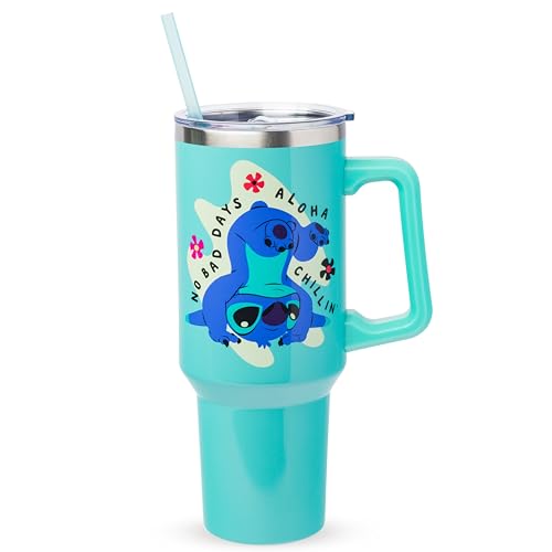 Silver Buffalo Disney Lilo and Stitch Aloha No Bad Days Chillin’ Double Walled Stainless Steel Tumbler with Handle and Straw, Fits in Standard Cup Holder, 40 Ounces - color: Disney Lilo and Stitch Chillin