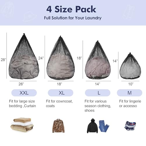 4Pcs Mesh Laundry Bags Washing Machine Mesh Wash Bags Jumbo for Delicates Clothes,Bed Linen,Toys with Drawstring Closure Sturdy (Black, Pack 4 Pcs) - color: Black, size: Pack 4 Pcs