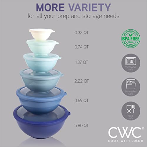 COOK WITH COLOR Mixing Bowls with TPR Lids - 12 Piece Plastic Nesting Bowls Set includes 6 Prep Bowls and 6 Lids, Microwave Safe (Blue) - color: Blue TPR Lids