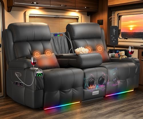 Power RV Loveseat Recliner Sofa, Reclining Loveseats Couch for RV Furniture, Home Theater Seating with Heat Massage, Flip Backrest, USB, Cup Holders, 150° Wall Hugger RV Recliners Sleeper Sofas - color: Flip Back Dary Gray, size: Loveseat-G1-Power