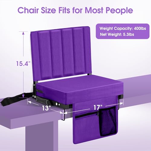 Stadium Seat for Bleachers with Back Support, Portable Bleacher Seat with Wide Comfy Padded Cushion, Metal Hook, Folding Stadium Chair with Shoulder Strap, Carry Handle, Cup Holder, Purple - color: Purple