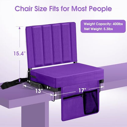 Stadium Seat for Bleachers with Back Support, Portable Bleacher Seat with Wide Comfy Padded Cushion, Metal Hook, Folding Stadium Chair with Shoulder Strap, Carry Handle, Cup Holder, Purple - color: Purple
