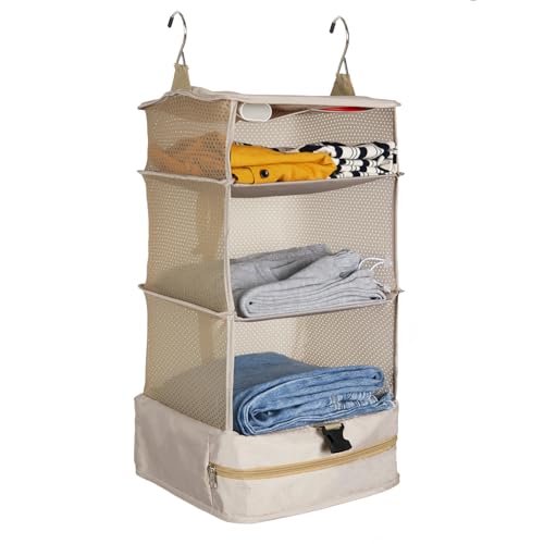 Portable Hanging Travel Shelves, Carry on Closet Suitcase Storage for Luggage, Hanging Packing Cubes Compression for Travel Essentials (L, Beige)