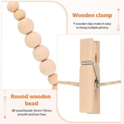 Hanging Photo Display Wall Decor with 9 Wood Clips, Boho Wooden Bead Hanging String Pictures Frame Collage Board, Multi Photo Wall Display for Bedroom Living Room Dorm Decor(Size:1 Pack)