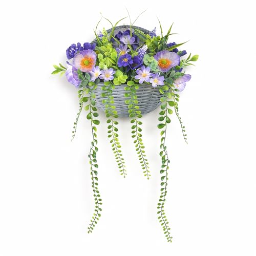 11 inch Purple Wall Basket Decor with Artificial Wildflowers & Daisy, Hanging Wicker Floral Basket with Greenery for Outdoor Porch, Patio, Garden - color: Purple-bg