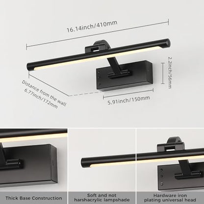 Picture Light Removable Battery Charging, 16in Wireless Art Light for Paintings, Dimmable 5000mAh Recharging Battery Picture Light with Remote Control for Pictures Display - color: Black