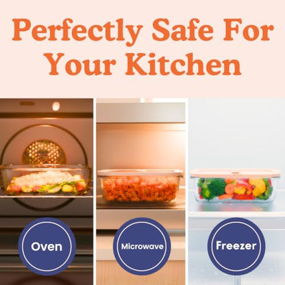 Ziruma Non-Toxic Glass Food Containers with Lids, 4-Pack, Multi-Size, Beige | Plastic & BPA free. Glass body, glass lid & platinum silicone seal. Airtight & leakproof. Freezer & microwave safe. - size: Multi-Size