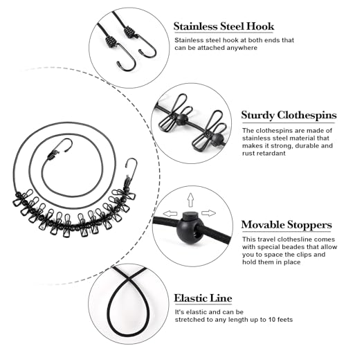 HAWATOUR Clothesline Camping Essentials, Portable Retractable Clothesline with 12pcs Clothespins Outdoor Camping Accessories Travel and RV Essentials, Black