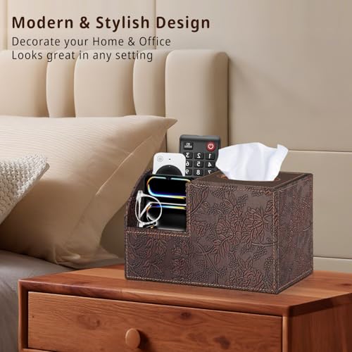 PU Leather Square Tissue Box Cover - Multi-Functional Tissue Box Holder, Tissue Box Cover with Storage,Tissue and Remote Control Holder, Cube Tissue Box Organizer Bedroom Nightstand End Table - color: Retro