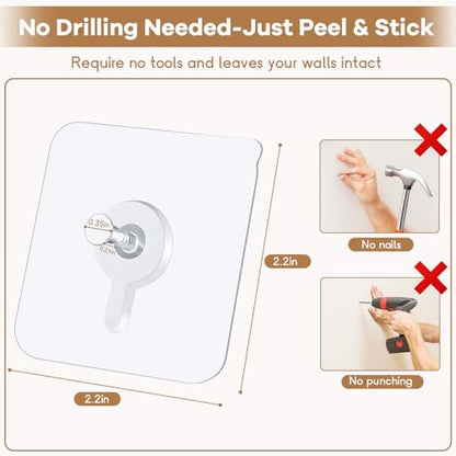 22 Pcs Drill Free Adhesive Wall Hooks, 20 lb Capacity Picture Hanging Hooks, Heavy Duty Picture Hangers Without Nails Strong Hold for Bathroom, Kitchen & Entryway - size: 2.2 inch