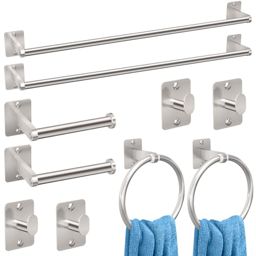 KLJKPA Brushed Nickel Bathroom Accessories Set, 10 Pieces Bathroom Hardware Set, 24 inch Towel Bar, Towel Racks for Bathroom, Robe Towel Hooks, Toilet Paper Holder Wall Mounted - color: Brushed Nickel, size: 10 Piece