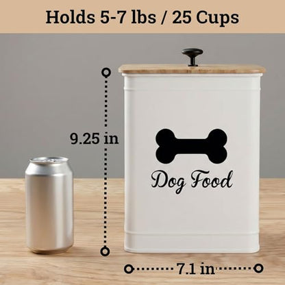 Dog Food Container Airtight 5-7 lb (25 Cup) Capacity - Cute Airtight Dog Food Storage Container with Bamboo Lid & Sturdy Metal Handle - White Metal Kibble Storage Bin for Dogs up to 50 lbs - Pet Jar - color: White