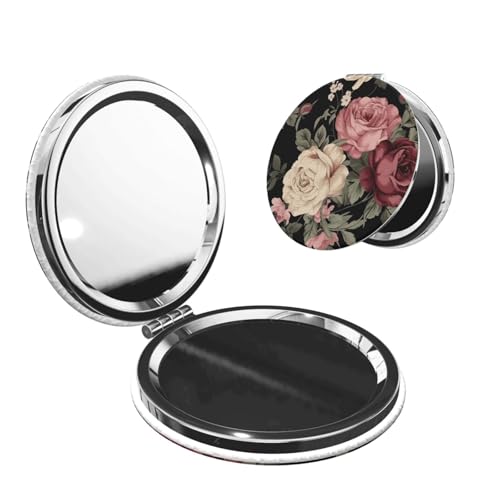 Vintage Pink and Cream Dark Floral Print Foldable Travel Pocket Mirror Round PU Leather Portable Mini Makeup Double Sided Handheld Magnifying,2.6 in - color: Vintage Pink and Cream Dark Floral