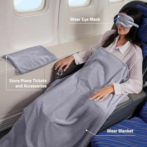 Travel Blanket Pillow,Airplane Blanket Compact with Bag Eye Mask, Ultra-Soft,Warm & Lightweight Included,Travel Essentials for Women & Men, Luggage Sleeve & Backpack Clip 65x40 in, Grey - color: Grey