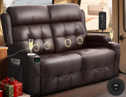 RV Loveseat Recliner Sofa, Reclining Loveseats Couch for RV Furniture, Home Theater Seating with Massage, USB, Insert Pockets, Cup Holders, 150° Wall Hugger RV Recliners Sleeper Sofa - color: Chocolate Brown, size: Loveseat-G1