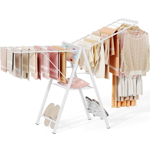 APEXCHASER Drying Rack for Clothing Foldable, Metal Laundry Rack Collapsible, Ultra Thin Gullwing Clothes Airer with Adjustable Height for Towel Baby Clothes Indoor Outdoor Laundry Room, White - color: White
