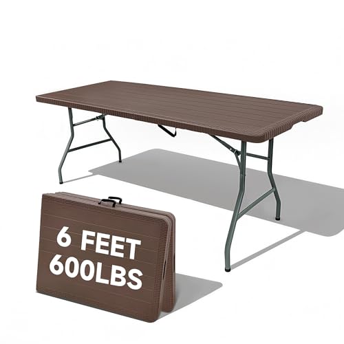 Folding Table 6 Foot, HDPE Wood Grain Pattern,Heavy Duty 600 lbs Capacity, Sturdy Design with Safety Lock, Portable & Foldable for Camping, Party, Indoor & Outdoor Use, 1 Pack. - color: Brown-wood Grain, size: 6FT-1 PACK, style: Heavy Duty
