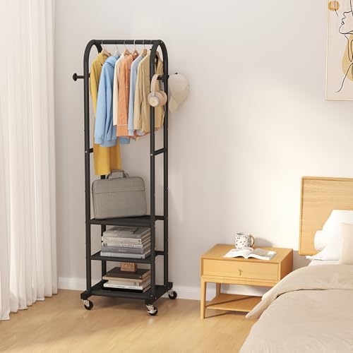 Dttwacoyh Metal Clothing Rack with Wheels and Hanging Hooks,Narrow Coat and Shoe Rack,Small Hall Tree,for Small Space, Bedroom, entryway, Walk-in Closet, Laundry Room– Black - color: Black