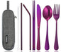 8-Piece Portable Stainless Steel Flatware Set, Travel Camping Cutlery Set with Purple Waterproof Case - color: Purple