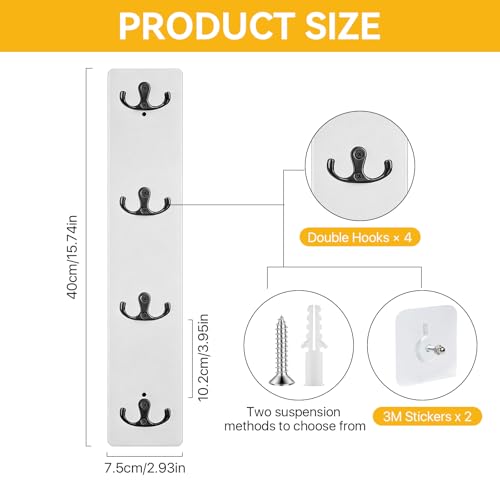 Supkiir Vertical Key Holder for Wall, Wooden Wall Mount Key Rack with 4 Double Hooks, Space-Saving White Wooden Keys Rack Organizer for Home Entryway, Garage Decor, Keys, Wallets and Pet Leashes